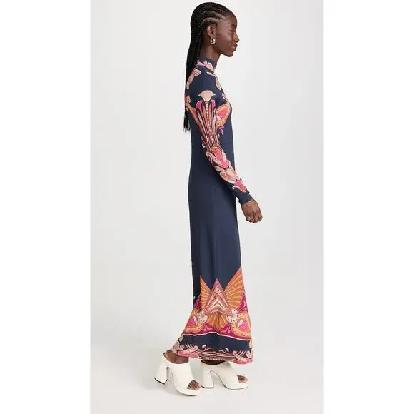 LA DOUBLEJ Navy Paisley Gold Pendant High Neck A-Line Halle Dress Size XS - Picture 3 of 16